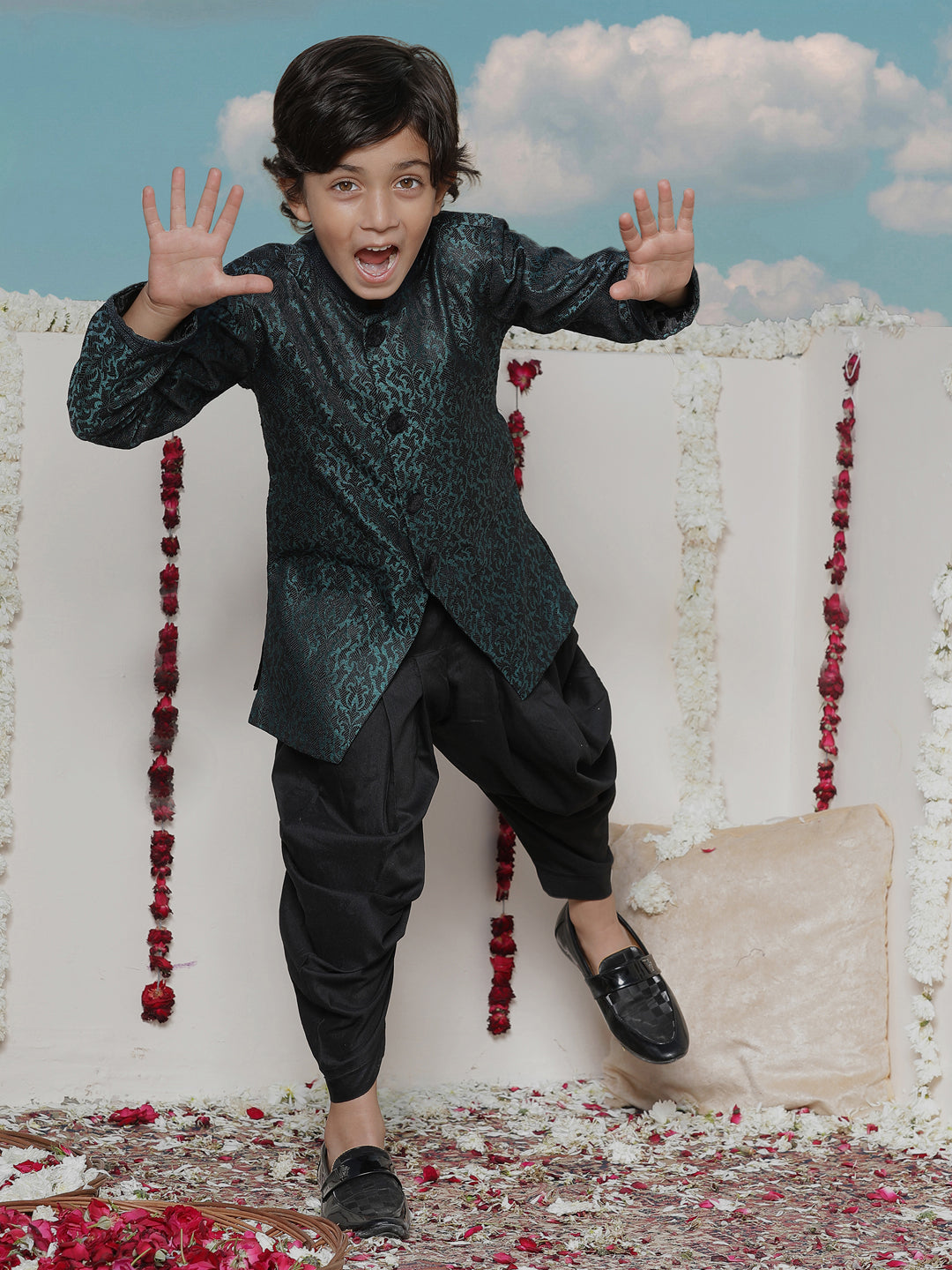 VASTRAMAY Boys' Turquoise Blue Silk Blend Sherwani