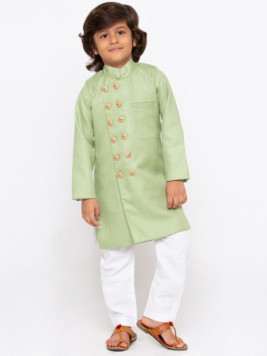 Vastramay Boys' Green Cotton Silk Sherwani and Churidar Set