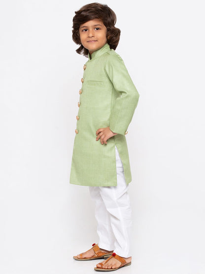 Vastramay Boys' Green Cotton Silk Sherwani and Churidar Set