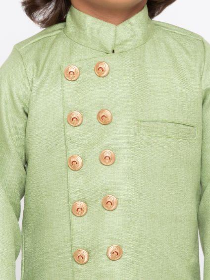 Vastramay Boys' Green Cotton Silk Sherwani and Churidar Set