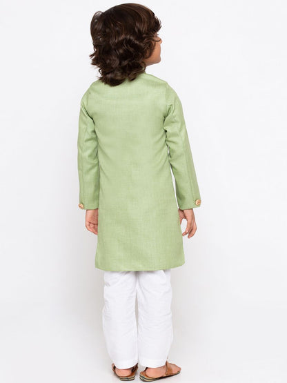 Vastramay Boys' Green Cotton Silk Sherwani and Churidar Set