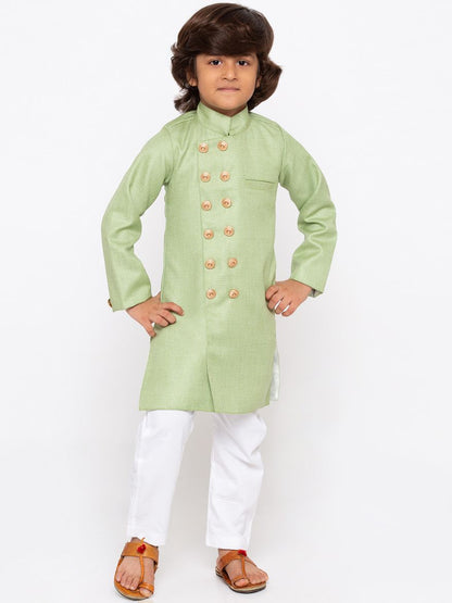 Vastramay Boys' Green Cotton Silk Sherwani and Churidar Set