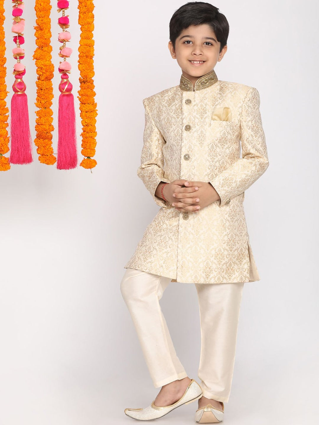 Vastramay Boys Beige & Cream-Coloured Slim-Fit Sherwani Set