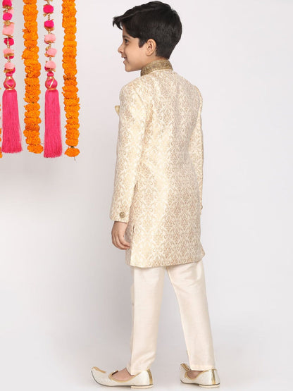 Vastramay Boys Beige & Cream-Coloured Slim-Fit Sherwani Set