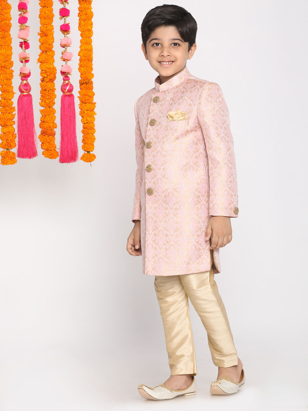 Vastramay Boys Pink & Gold-Colored Woven-Design Brocade Slim Fit Sherwani Set With Cream Colour Dupatta