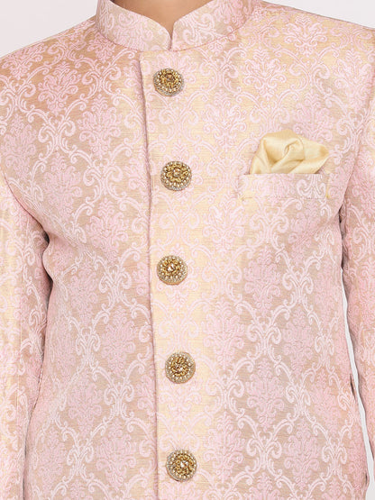 Vastramay Boys Pink & Gold-Colored Woven-Design Brocade Slim Fit Sherwani Set With Cream Colour Dupatta