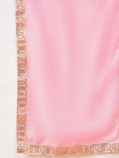 VASTRAMAY Boys Pink & Gold-Colored Woven-Design Brocade Slim Fit Sherwani Set With Pink Colour Dupatta