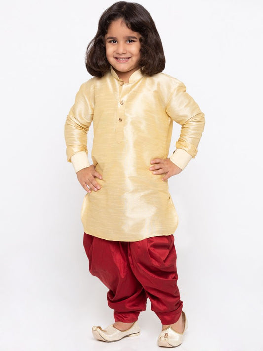 Vastramay  Boys' Gold Cotton Silk Kurta and Dhoti Pant Set