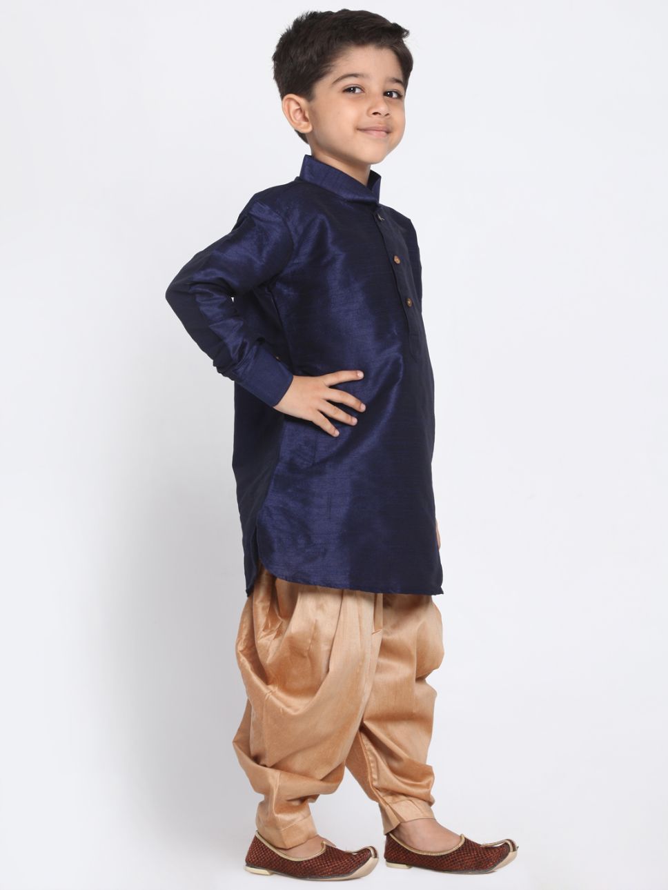 Vastramay Boys' Navy Blue Cotton Silk Blend Kurta and Dhoti Pant Set