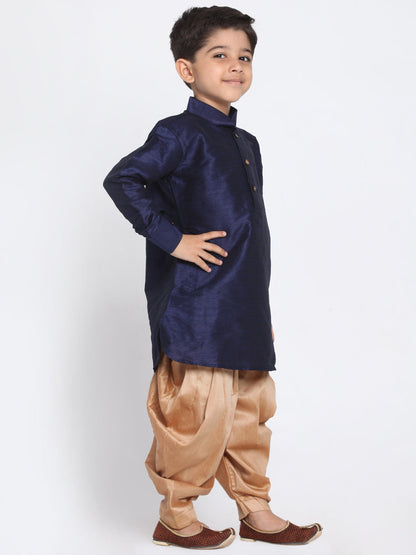 Vastramay Silk Blend Navy Blue And Rose Gold Baap Beta Dhoti Kurta Set