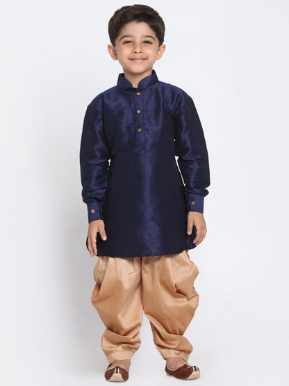 Vastramay Boys' Navy Blue Cotton Silk Blend Kurta and Dhoti Pant Set