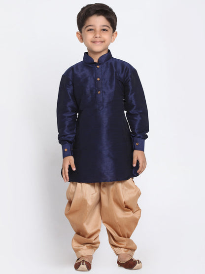 Vastramay Silk Blend Navy Blue And Rose Gold Baap Beta Dhoti Kurta Set