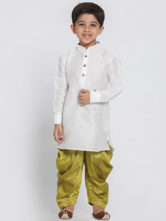 Vastramay Boys' White Cotton Silk Kurta and Dhoti Pant Set