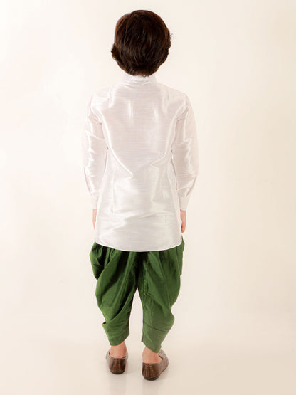 VASTRAMAY Boys' White Cotton Silk Kurta and Green Dhoti Pant Set