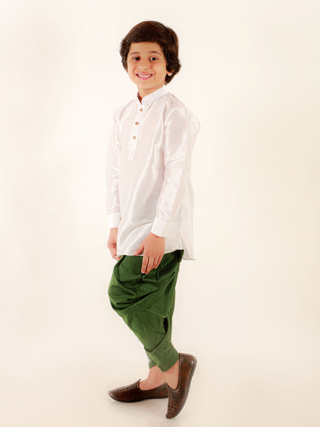 VASTRAMAY Boys' White Cotton Silk Kurta and Green Dhoti Pant Set