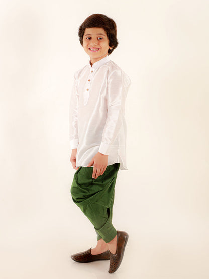 VASTRAMAY Boys' White Cotton Silk Kurta and Green Dhoti Pant Set