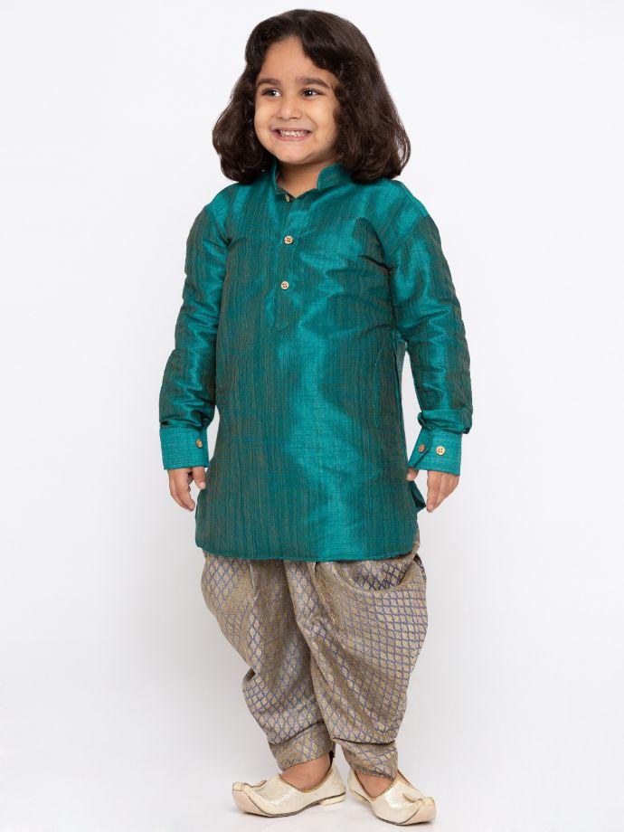 Vastramay Boys' Teal Cotton Silk Kurta and Dhoti Pant Set