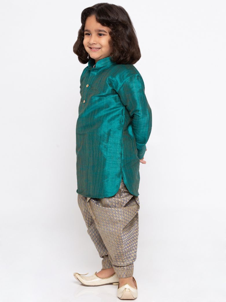 Vastramay Boys' Teal Cotton Silk Kurta and Dhoti Pant Set