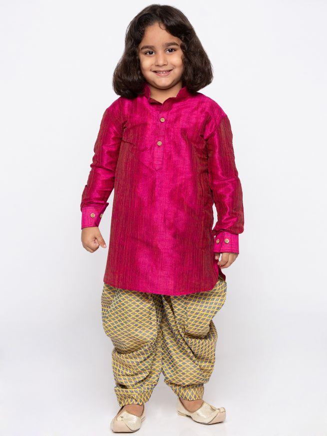 Vastramay Boys' Pink Cotton Silk Kurta and Dhoti Pant Set