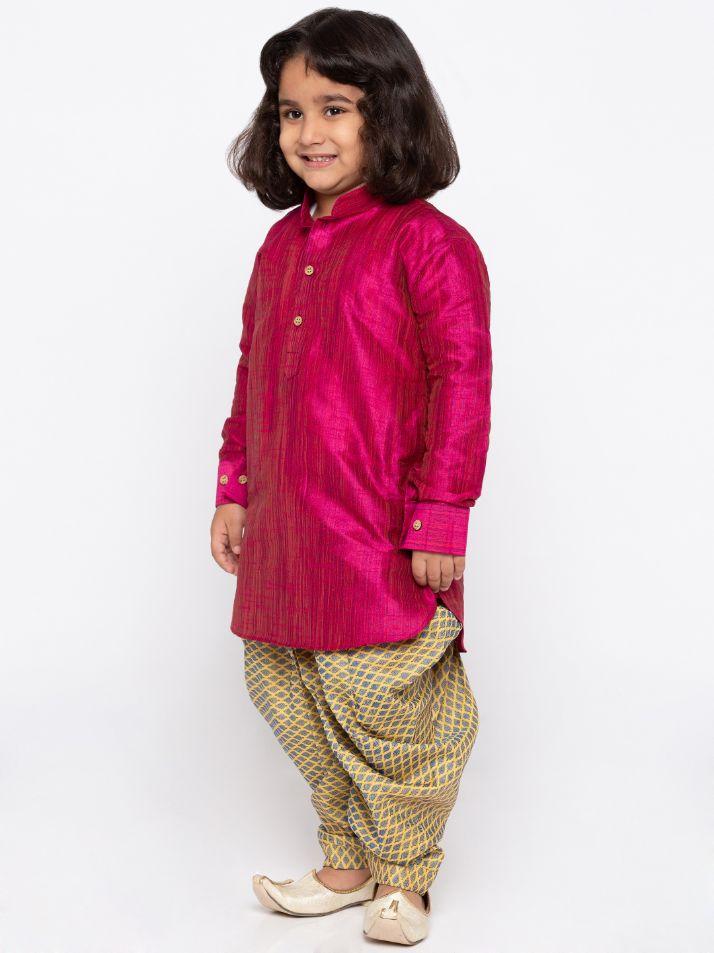 Vastramay Boys' Pink Cotton Silk Kurta and Dhoti Pant Set
