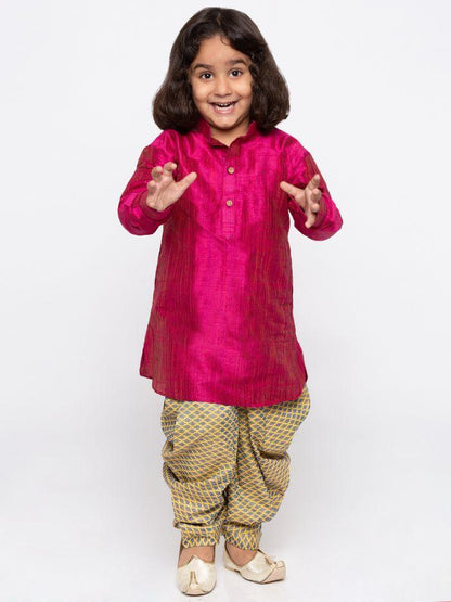 Vastramay Boys' Pink Cotton Silk Kurta and Dhoti Pant Set
