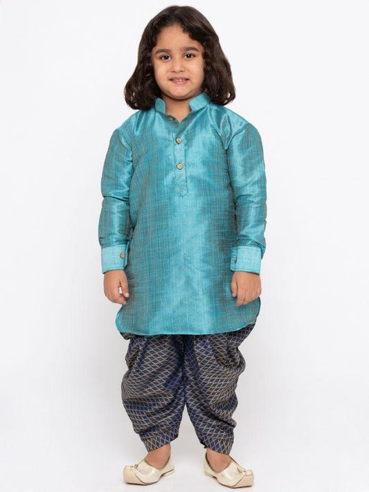 Vastramay Boys' Blue Cotton Silk Kurta and Dhoti Pant Set