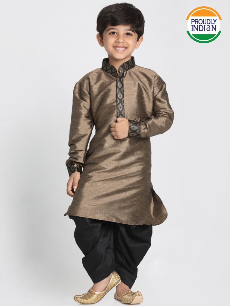 Vastramay Boys' Black Cotton Silk Blend Kurta and Dhoti Pant Set