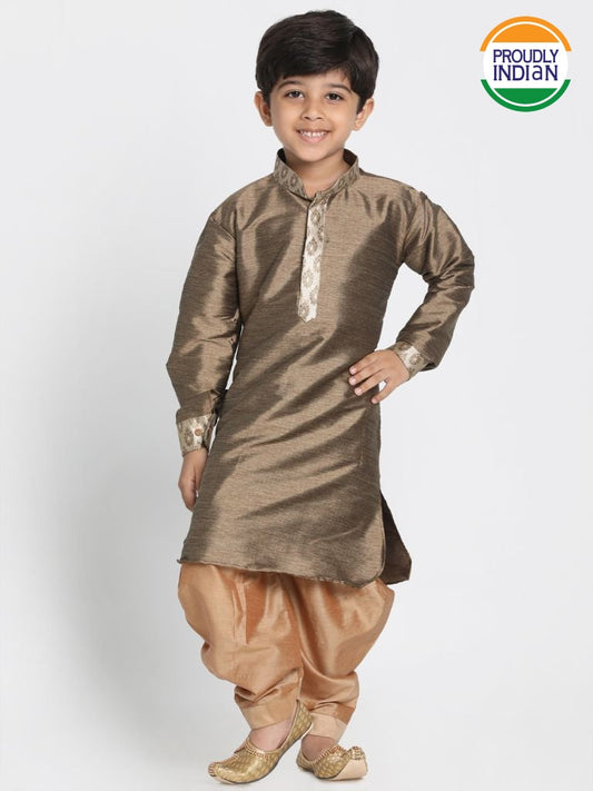 Vastramay Boys' Bronze Cotton Silk Blend Kurta and Dhoti Pant Set