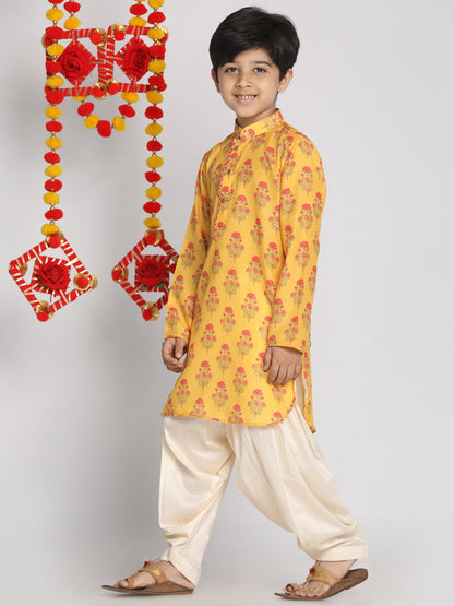 Vastramay Multicolor-Base-Mustard And Cream Baap Beta Kurta And Patiala Set