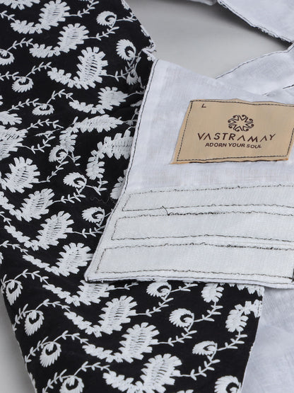 VASTRAMAY Dogs' Black Chikankari Flared Dress With Attached Bow