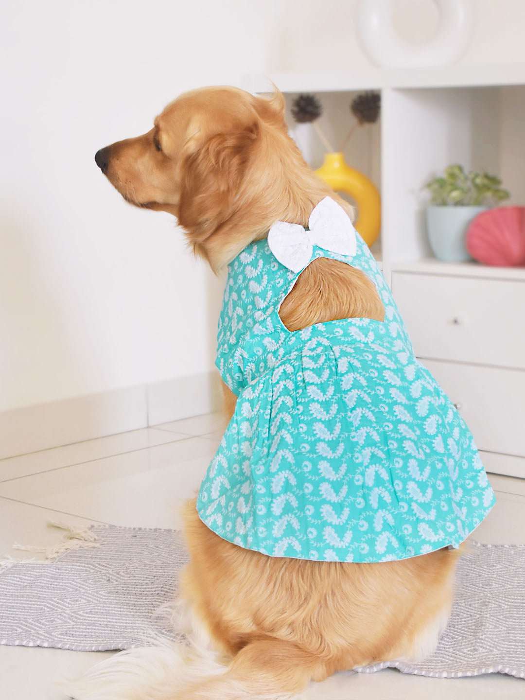 VASTRAMAY Dogs' Green Chikankari Flared Dress With Attached Bow