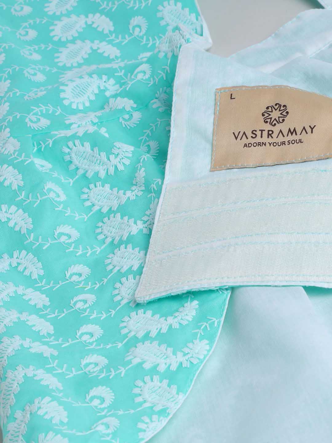 VASTRAMAY Dogs' Green Chikankari Flared Dress With Attached Bow