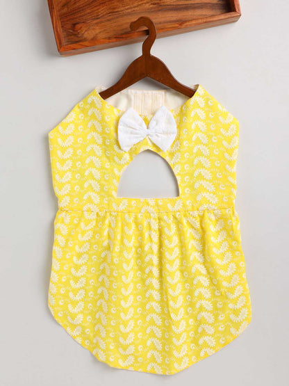 VASTRAMAY Dogs' Yellow Chikankari Flared Dress With Attached Bow