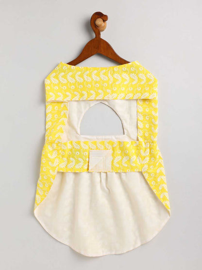 VASTRAMAY Dogs' Yellow Chikankari Flared Dress With Attached Bow