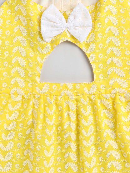 VASTRAMAY Dogs' Yellow Chikankari Flared Dress With Attached Bow