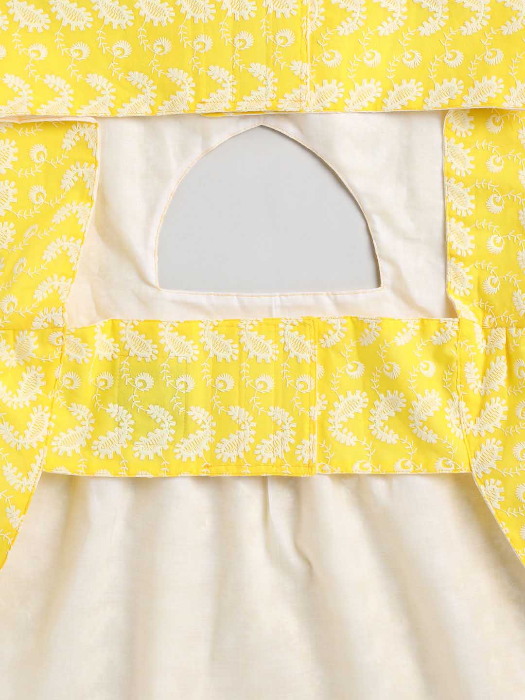 VASTRAMAY Dogs' Yellow Chikankari Flared Dress With Attached Bow