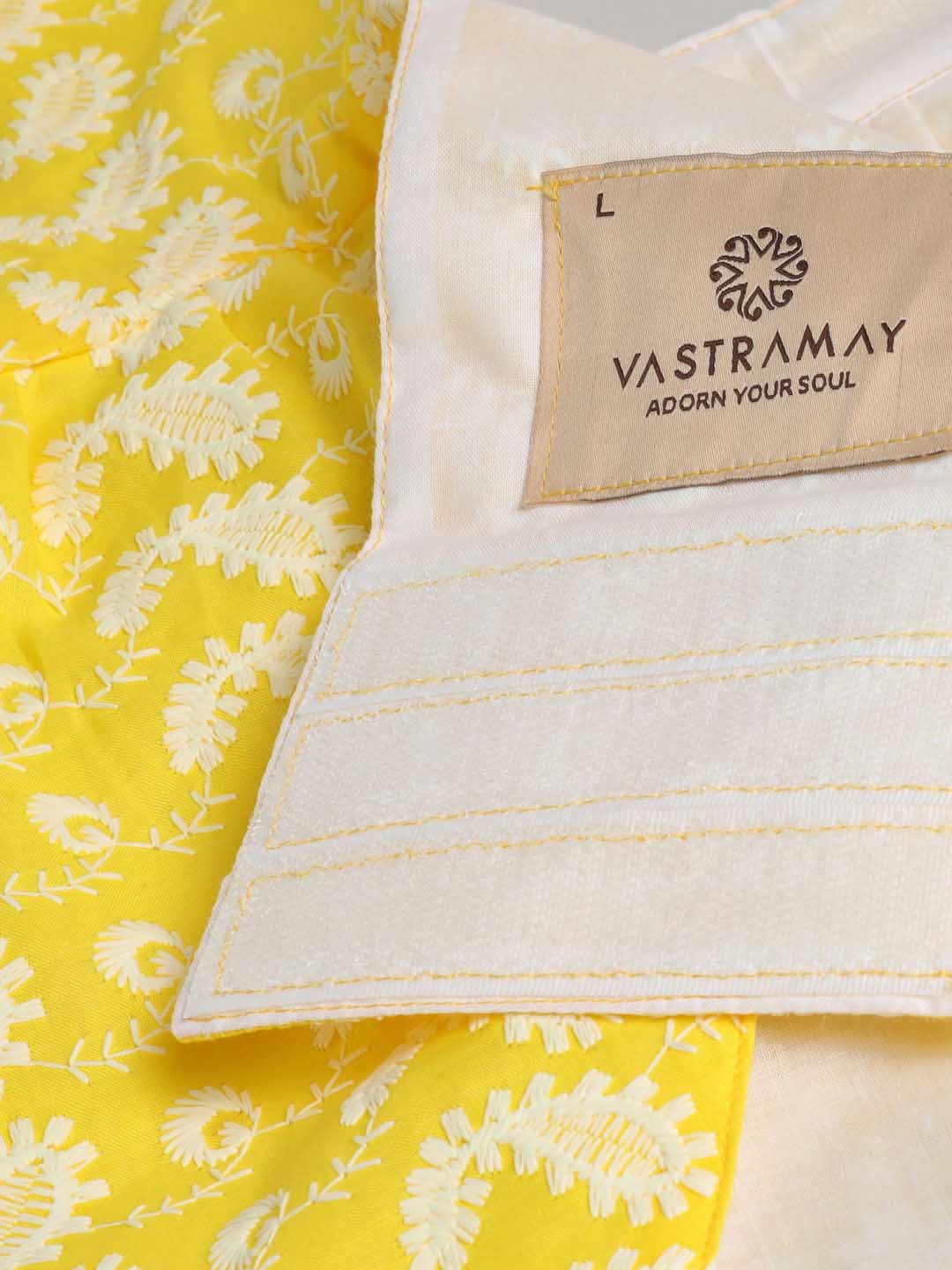 VASTRAMAY Dogs' Yellow Chikankari Flared Dress With Attached Bow