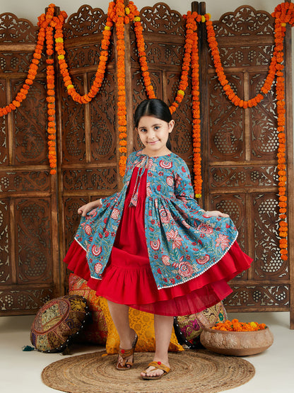 VASTRAMAY Blue Printed Cotton Festive Collection Sibling Set