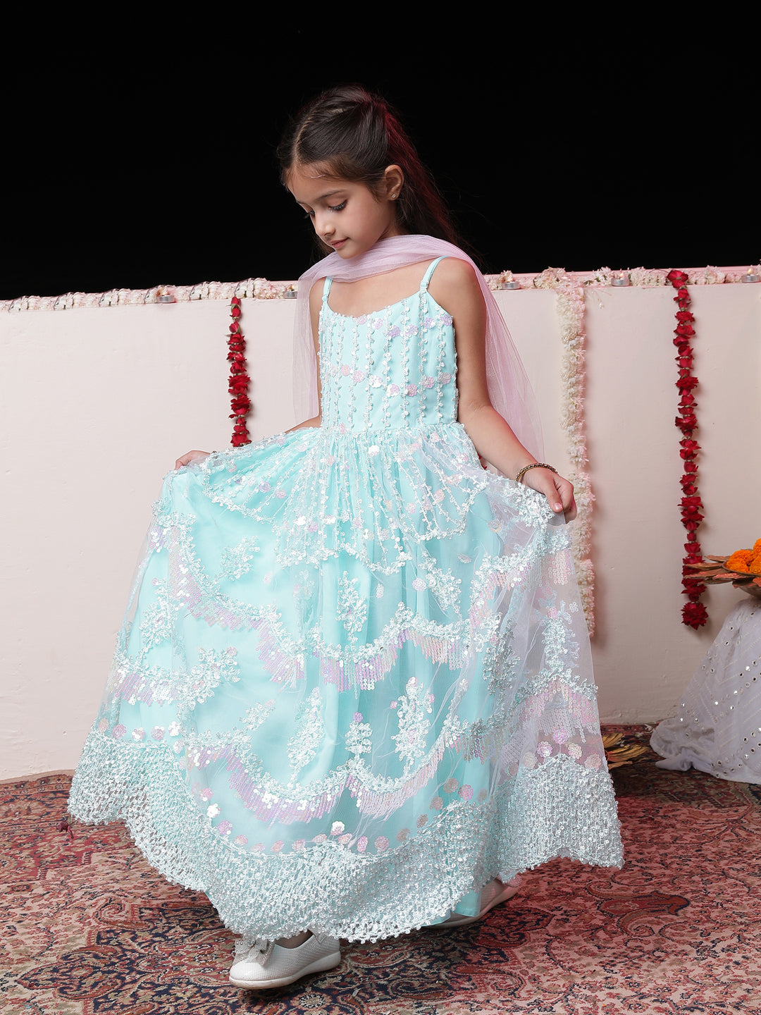 VASTRAMAY Girls' Embroidered Sequins Net Long Anarkali Dress With Dupatta