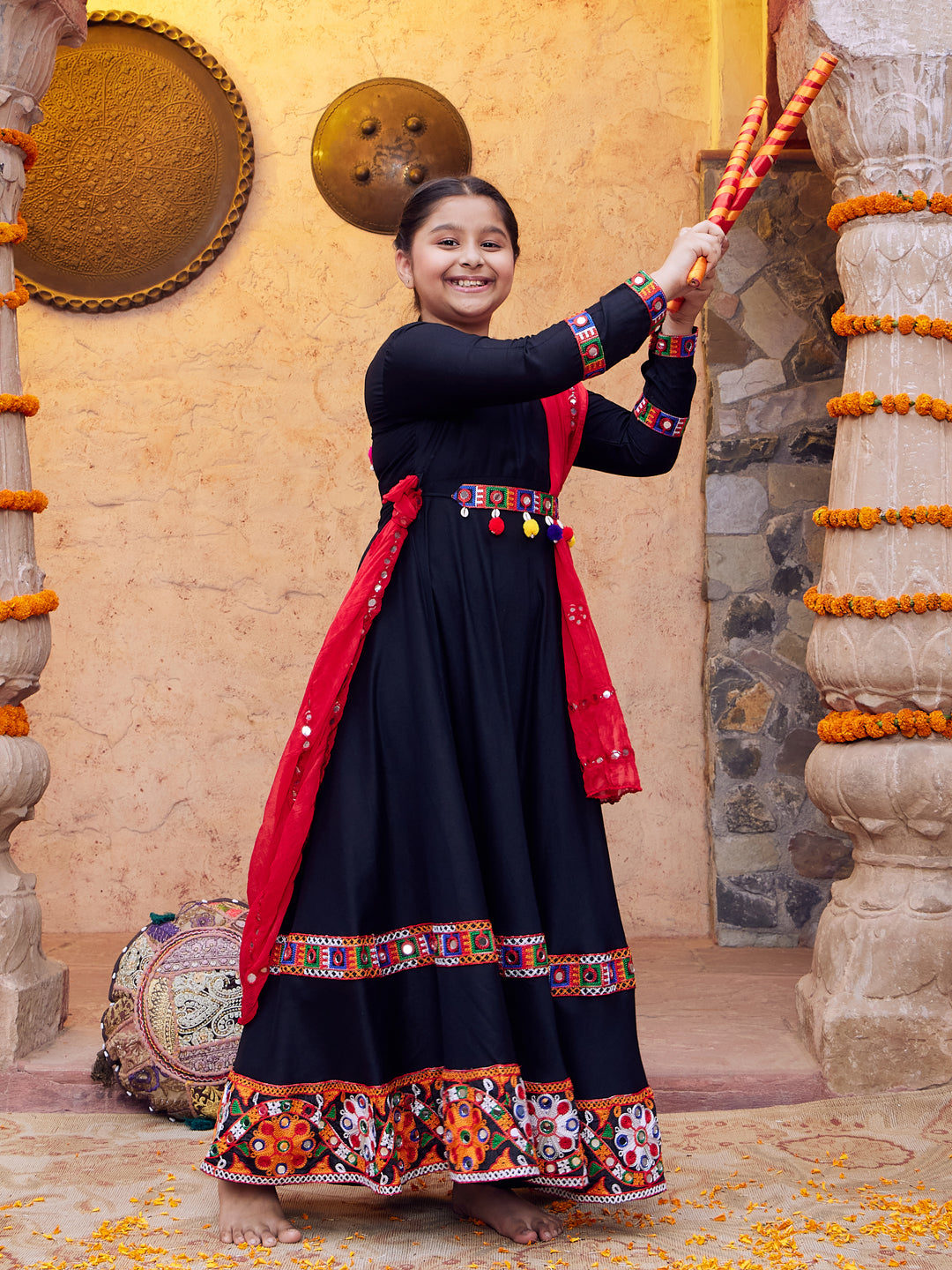 VASTRAMAY Girls' Navratri Special Black Anarkali Kurta With Red Dupatta Set