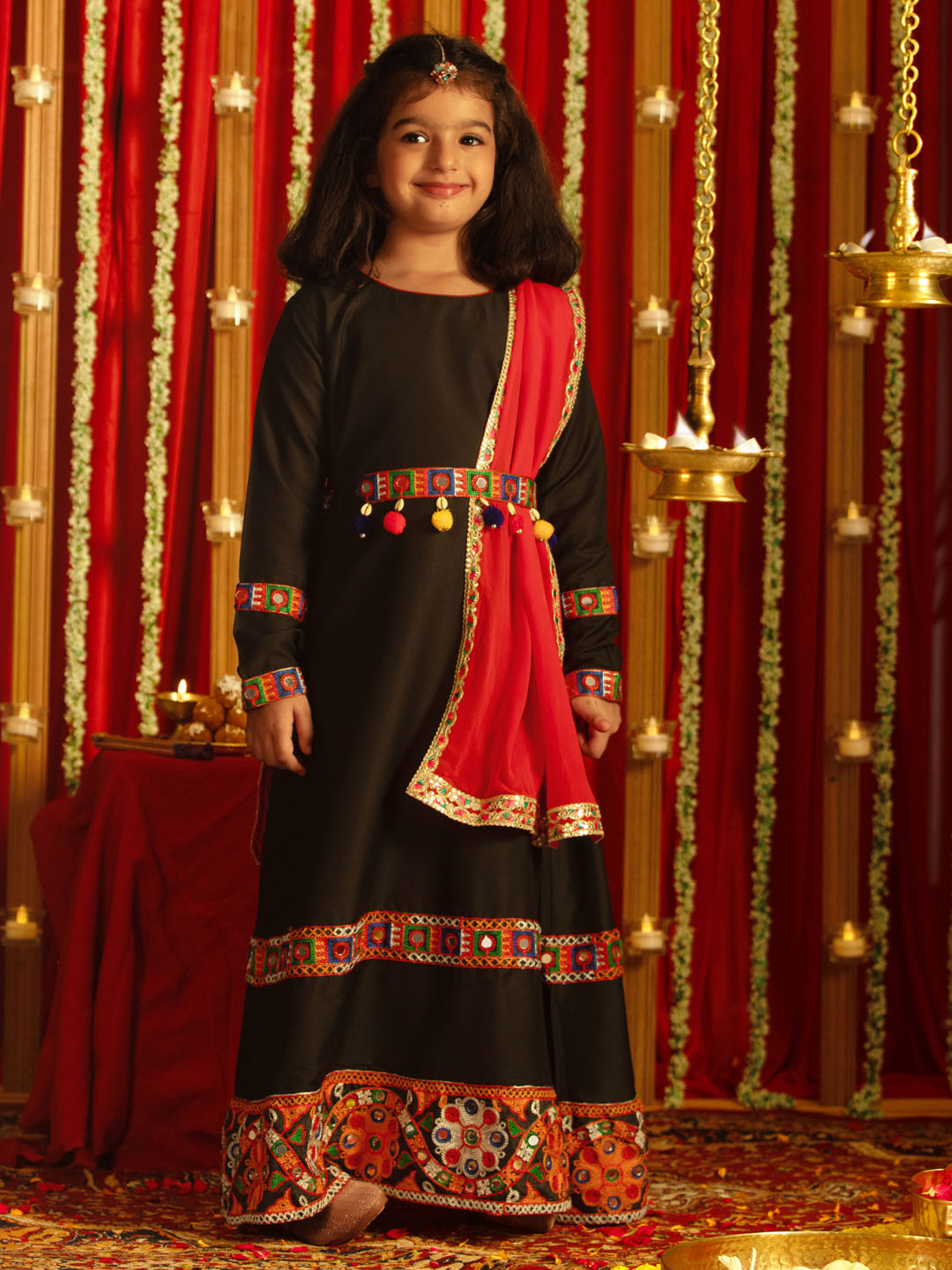 VASTRAMAY Girls' Navratri Special Black Anarkali Kurta With Red Dupatta Set