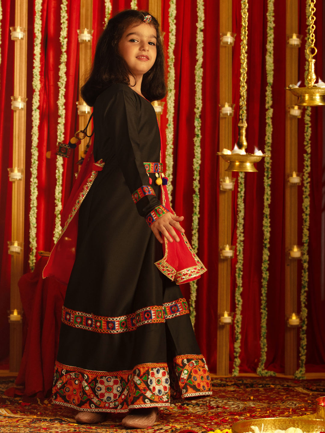 VASTRAMAY Girls' Navratri Special Black Anarkali Kurta With Red Dupatta Set