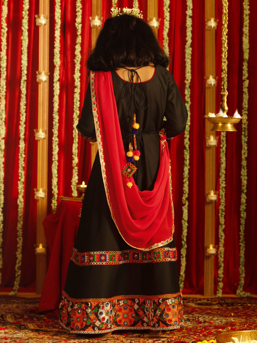 VASTRAMAY Girls' Navratri Special Black Anarkali Kurta With Red Dupatta Set