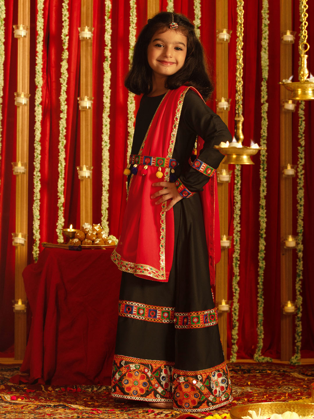 VASTRAMAY Girls' Navratri Special Black Anarkali Kurta With Red Dupatta Set