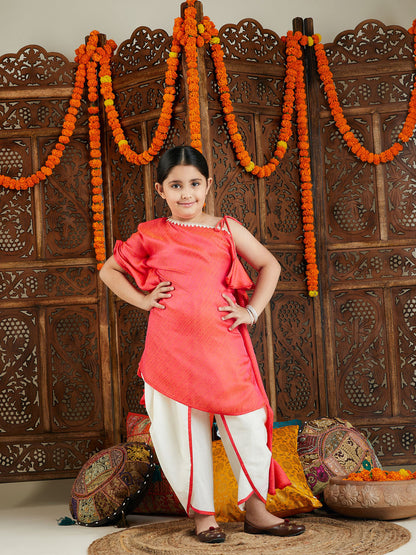 Girls' Rose Pink Jacquard Kaftan With Solid Dhoti Pant