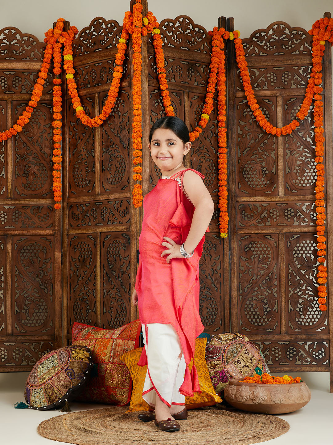 Girls' Rose Pink Jacquard Kaftan With Solid Dhoti Pant