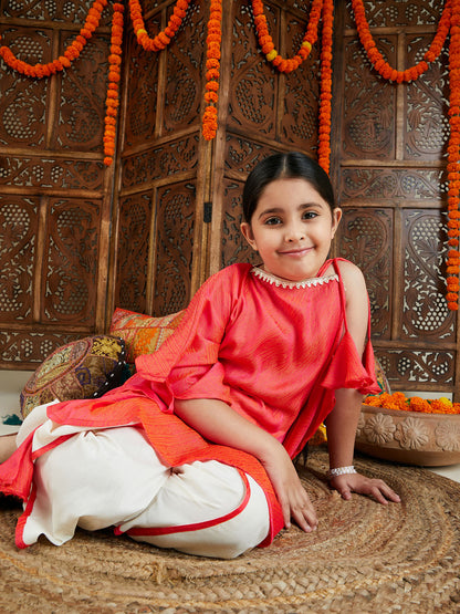 Girls' Rose Pink Jacquard Kaftan With Solid Dhoti Pant