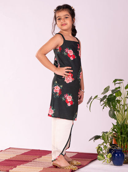 Vastramay Girl's Floral Printed Cotton Silk Kurta And Tulip Pant Set