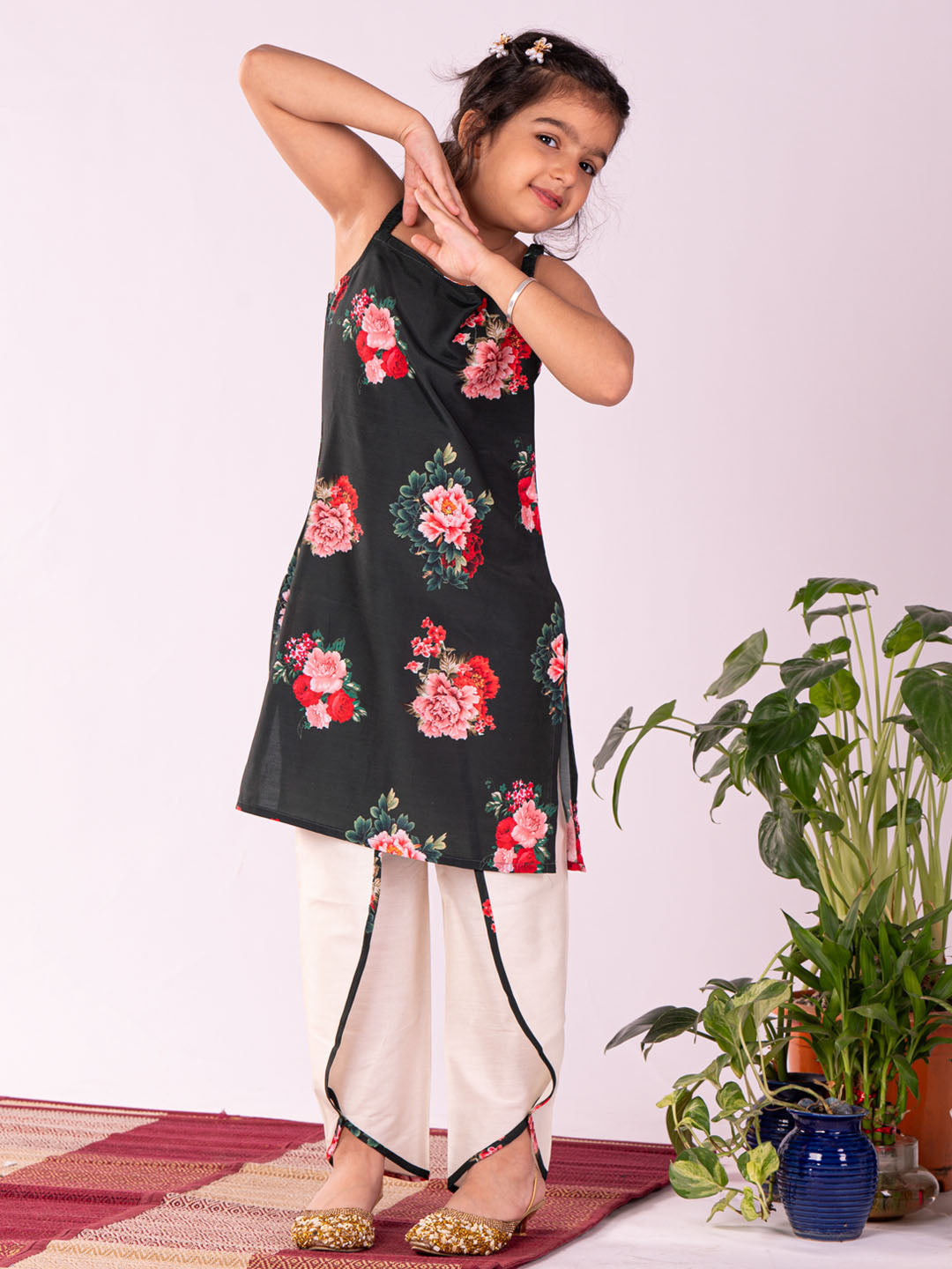 Vastramay Girl's Floral Printed Cotton Silk Kurta And Tulip Pant Set