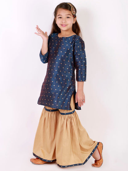 Vastramay Girls' Blue Zari Kurta And Rose Gold Sharara Set